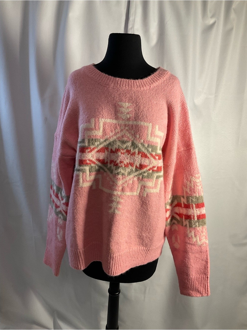 Pink Aztec-Pattern Crewneck Sweater Lg